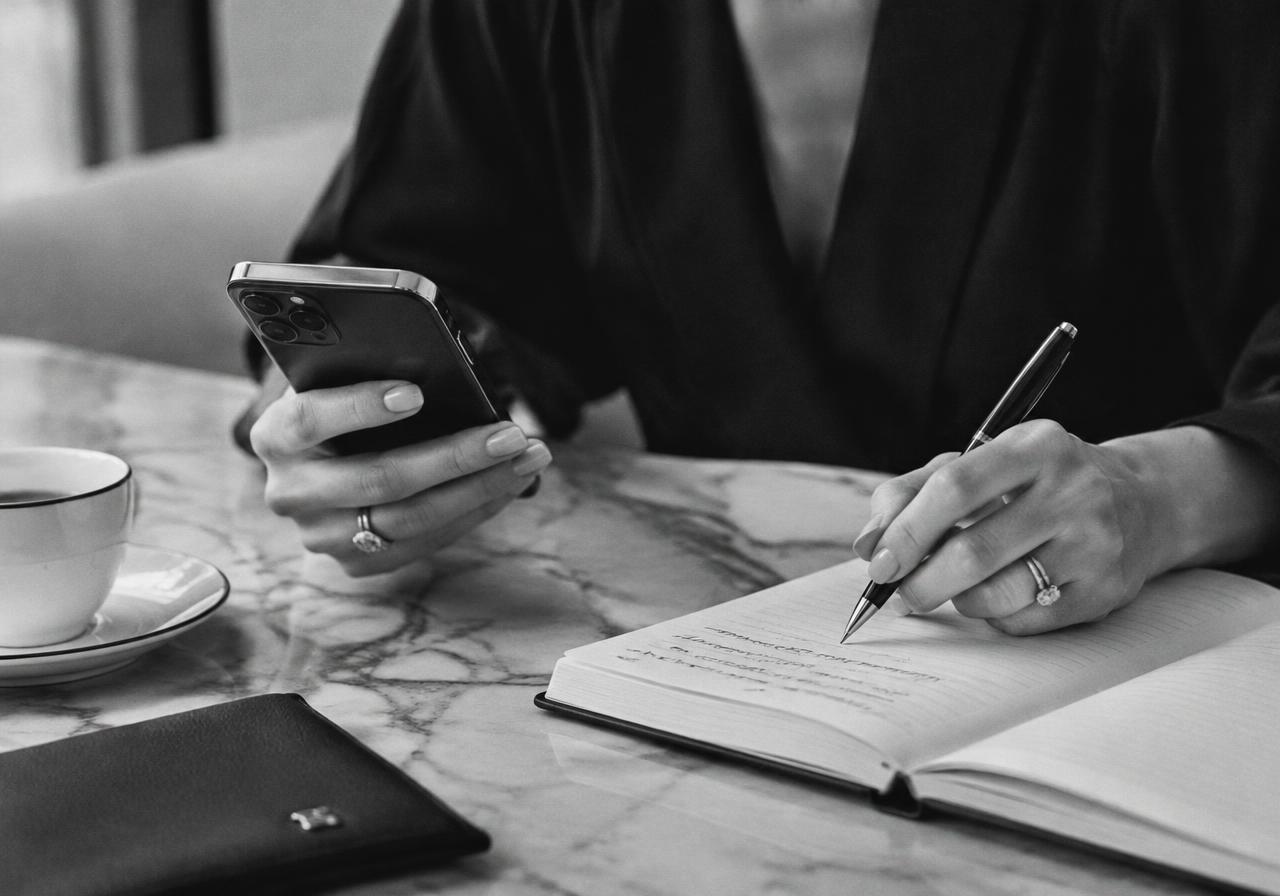 Hands holding a phone and writing notes